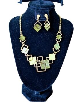 Gold-Tone Green Geometric Necklace & Earring Set